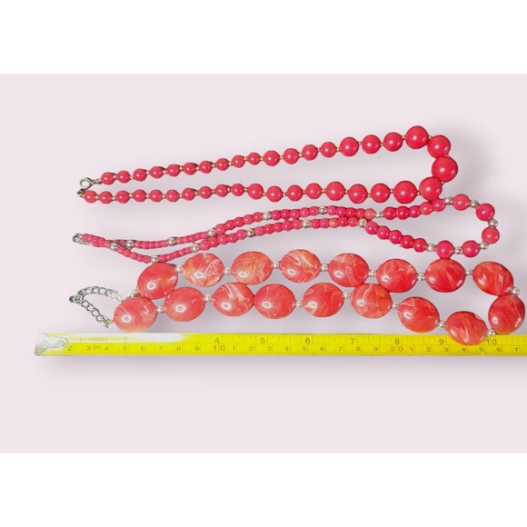 Set of Three 3 Red Marbled Stone and Acrylic Beaded Necklaces 20" - Picture 2 of 2
